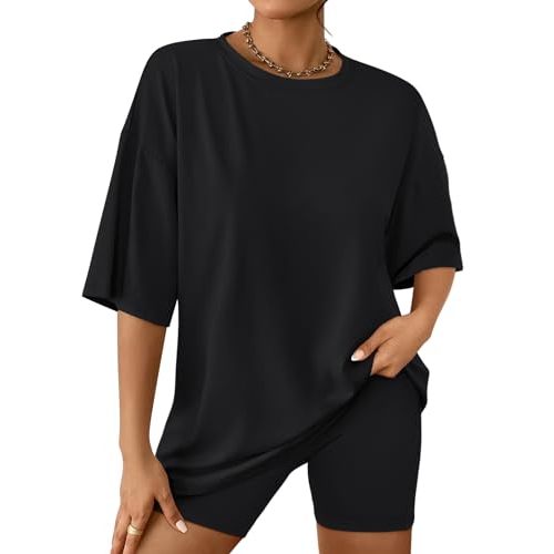 AUTOMET Womens 2 Piece Sets Summer Outfits 2025 Two Piece Lounge Set Matching Clothing Oversized Tshirts Biker Short Fashion
