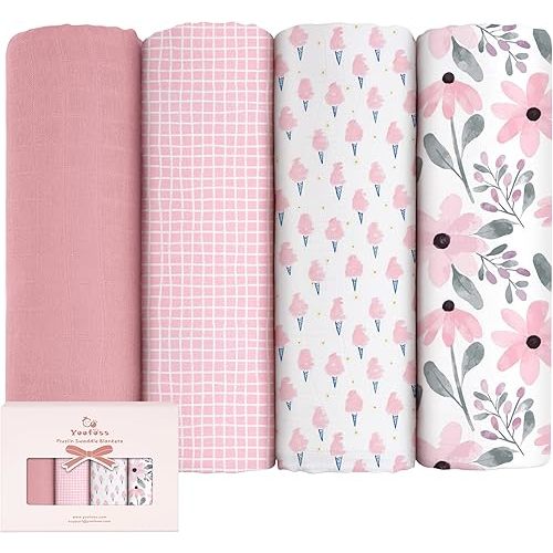 Yoofoss Muslin Swaddle Blankets, 4-Pack Receiving Blankets for Baby Boys and Girls, 47 x 47 Inches Baby Blankets Neutral Swaddle Wrap 70% Rayon from Bamboo and 30% Cotton