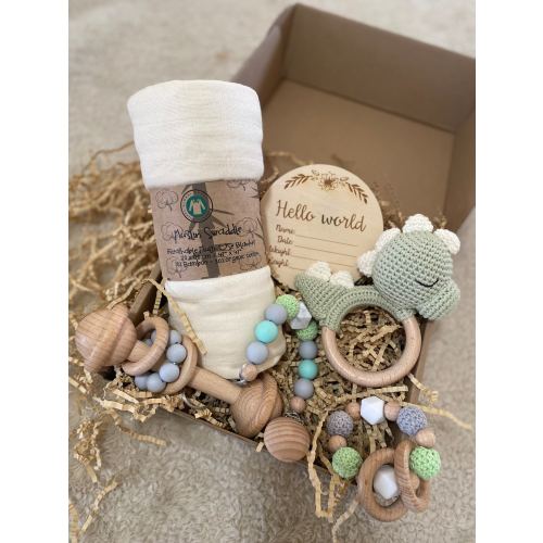 Newborn Baby Gift Box - Baby Gift Set - Newborn Gift Basket - Dinosaur Toy Rattle - Baby Shower Present - Pregnancy Gift - Coming Home Gift