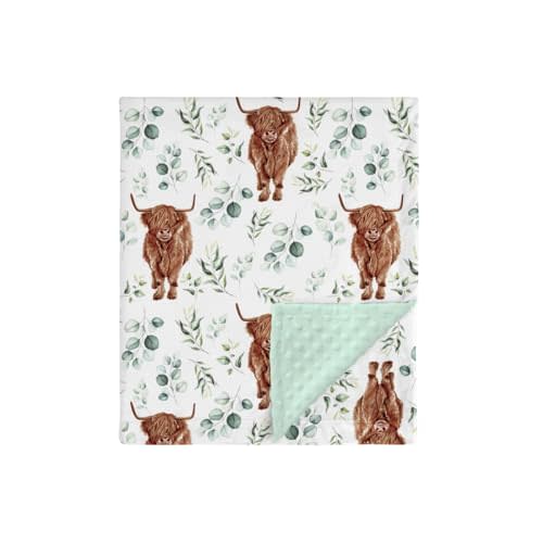 Highland Cow Eucalyptus Leaf Mink Baby Blanket Dotted Backing Boy Girl Gift, Western Farm Animal Yak Double Layer Flannel Nursery Bed Blankets, Soft Plush Newborn Infant Toddler Crib Bedding 30 x 40