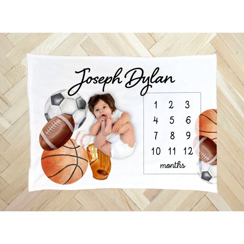 SPORTS Milestone Blanket BABY BOY Baby Shower Gift Monthly Growth Tracker Personalized Baby Month Basketball Football Baseball Soccer