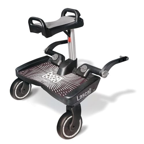BuggyBoard Maxi+ Universal Stroller Board with Gray Folding Seat, Fits 90% of Strollers Including UPPAbaby, Baby Jogger, Bugaboo, No Need for a Double Stroller, Max Weight 66 lbs.