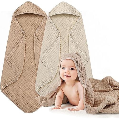 Hooded Baby Bath Towels, 2 Pack Baby Towels with Hood for Newborn, Upgrade High Density 100% Muslin Cotton Baby Towel, Ultra Soft, Highly Absorbent, for Infants, Toddlers, Newborn Essential, 32” x 32”
