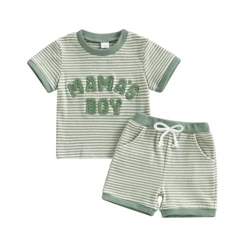 Baby Boy Summer Clothes Mamas Boy Embroidered Waffle Knit Short Sleeve T-Shirt Shorts Set Toddler Striped Outfit