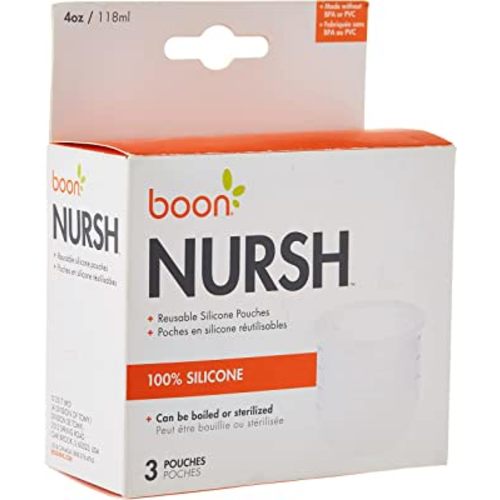 Boon Nursh Reusable Replacement Pouch with Collapsible Silicone Pouch Design - Everyday Baby Essentials - Stage 1 Slow Flow Bottles - Gray - 4 Oz