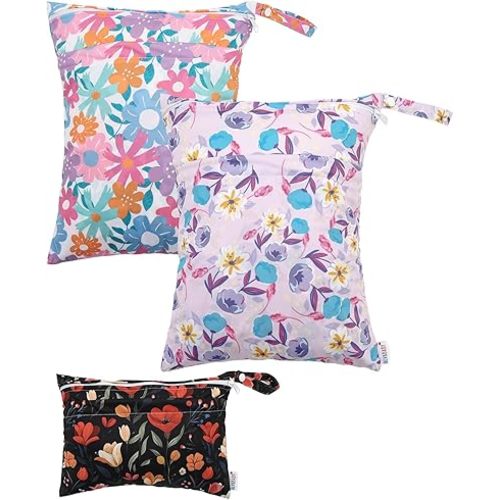 ALVABABY 3 Cloth Diaper Wet Dry Bags Waterproof Reusable with Two Zippered Pockets Travel Beach Pool Daycare Soiled Baby Items Yoga Gym Bag for Swimsuits or Wet Clothes Small medium Large 3L-SML07