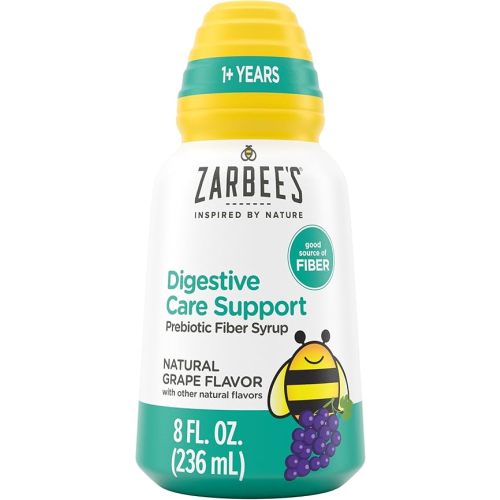 Zarbee’s Children’s Digestive Care Support* Prebiotic Fiber Syrup, Grape Flavor with Other Natural Flavors, Liquid Fiber for Kids, Daily Digestive Support, Gluten Free, Agave, 8 fl oz