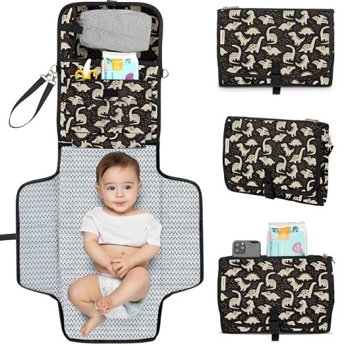 KeaBabies Portable Diaper Changing Pad, Travel, Car - Large Waterproof Baby Changing Mat, Wipeable, Padded, On The Go Travel Diaper Clutch Bag, Easy to Use Pockets for Newborn Essentials (Dino Ridge)