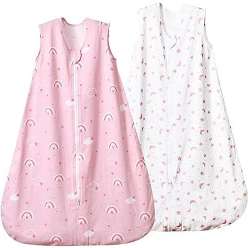 david's kids 100% Cotton Baby Sleep Sack 6-12 Months, Soft Baby Wearable Blankets with 2-Way Zipper, 2 Pack Comfy Sleeping Bags for Infant Newborn Boys Girls Neutral, Medium Size, Rainbow & Space