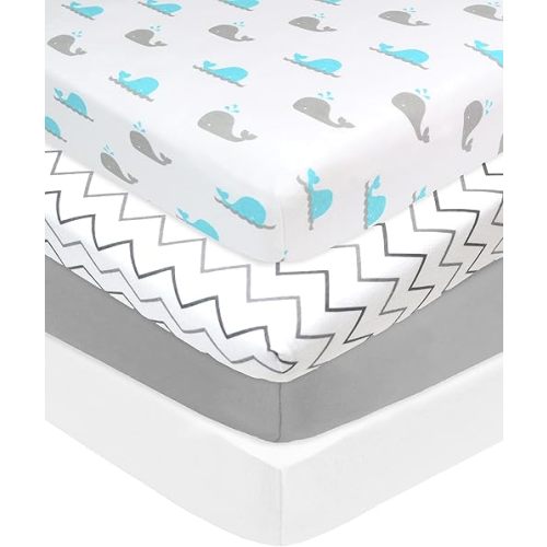American Baby Company 4 Pack Fitted Crib Sheets 28" x 52", Soft Breathable Neutral 100% Cotton Jersey Sheet, Gray Zigzag/Aqua Whale/Gray/White, for Boys and Girls, Fits Crib and Toddler Bed mattresses