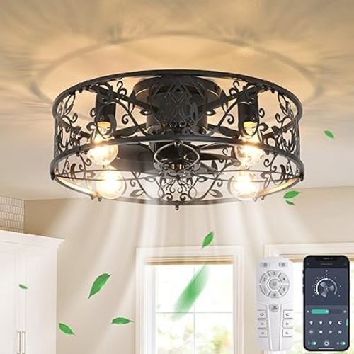 Garwarm Caged Ceiling Fan with Light,20" Ceiling Fans with Lights and Remote,Flush Mount Bladeless Fandelier,Small Low Profile Ceiling Fan for Bedroom,Kitchen,Dining Room,Black