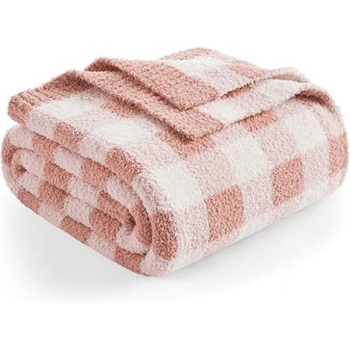 Snuggle Sac Buffalo Plaid Bedding Blanket Twin Size, Super Soft, Cozy Warm Knit Decorative Blankets, Reversible Plaid Fluffy Throws for Bed, Plaid Pink, 60x80 Inches