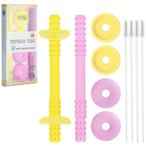Teething Tube with Safety Shield Baby Hollow Teether Sensory Toys Gum Massager, Food-Grade Silicone for Infant 3-12 Months Boys Girls, 1 Pair with 4 Cleaning Brush Included (Yellow+Orchid)