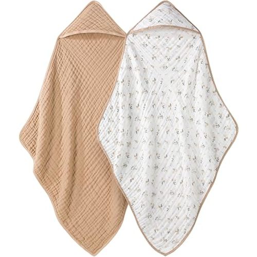 Looxii Hooded Baby Towel Muslin Cotton 2 Pack Baby Bath Towel with Hood for Newborns 32x32 Inches Beige