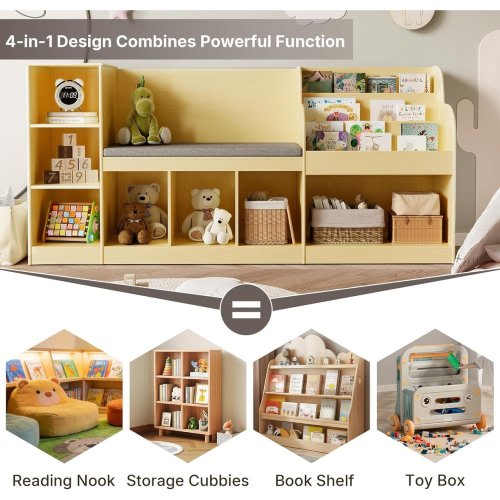 67" Kids Reading Nook with Bench for Child, Toy Storage Organizer with Seat Cushion