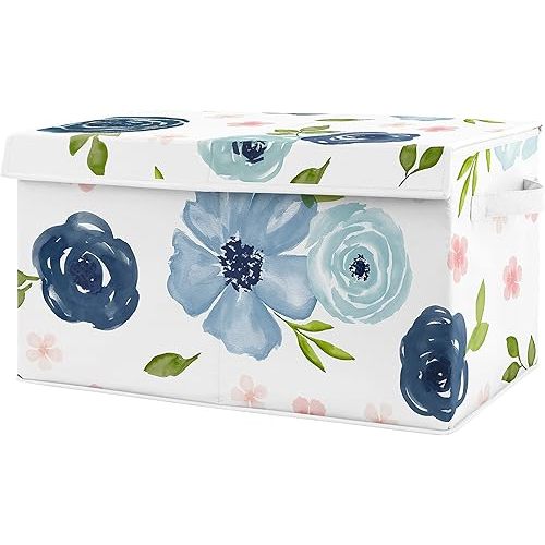 Sweet Jojo Designs Navy Blue Watercolor Floral Girl Small Fabric Toy Bin Storage Box Chest For Baby Nursery or Kids Room - Blush Pink, Green and White Shabby Chic Rose Flower