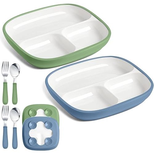 2 Pcs 8.2" Large Kids Porcelain Plates with Silicone Sleeves Toddlers Divided Plates Extra Deep White Porcelain Dishes 2 Pack Spoons and Forks Set Microwave Dishwasher Friendly(Blue,Green)