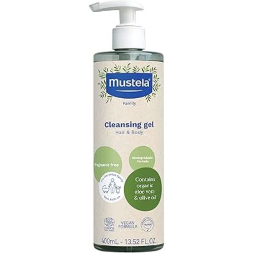 Mustela Certified Organic Cleansing Gel - Natural Hair & Body Wash with Olive Oil & Aloe Vera - For Baby, Kid & Adult - Fragrance Free, Tear Free, Vegan & Biodegradable - 13.52 fl. oz.