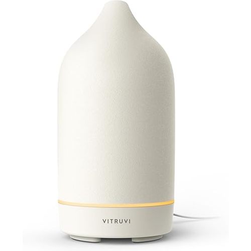 Vitruvi Stone Diffuser, Ceramic Ultrasonic Essential Oil Diffuser for Aromatherapy | Ceramic Diffuser, Diffusers for Home, Oil Diffuser, Housewarming Gift | White, 90ml Capacity