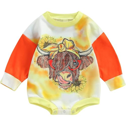 Kayotuas Western Baby Boy Girl Clothes Sweatshirt Romper Cow Print Long Sleeve Bodysuit Oversized Onesie Spring Fall Outfits