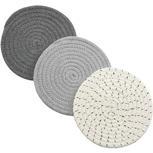 Potholders Set Trivets Set 100% Pure Cotton Thread Weave Hot Pot Holders Set (Set of 3) Stylish Coasters, Hot Pads, Hot Mats,Spoon Rest For Cooking and Baking by Diameter 7 Inches (Gray)