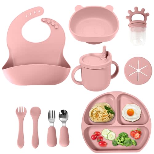 Silicone Baby Feeding Set | Baby Led Weaning Supplies | Toddler Self Feeding Dish Set with Suction Bowl, Divided Plate,Sippy Cup Spoons Forks Teether and Adjustable Bib, Eating Utensils for 6+Months