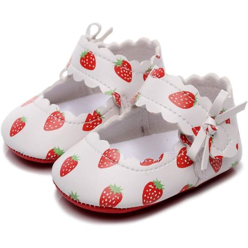 HONGTEYA Baby Girls Ballet Dress Shoes - Mary Jane Soft Sole Sidebow Toddler Moccasins (Strawberry, 0_Months)