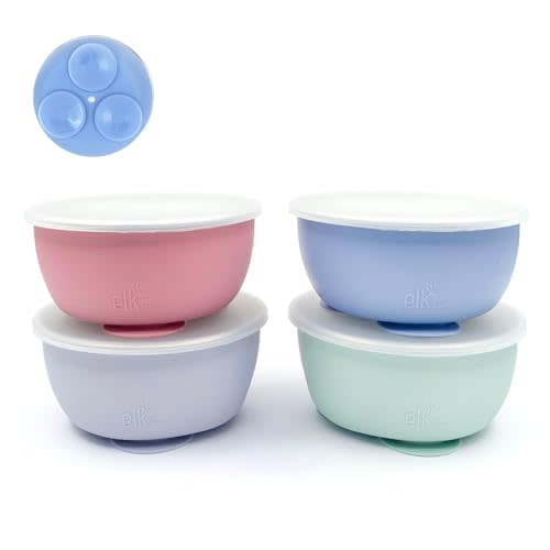 Elk and Friends Stainless Steel Bowls with Silicone Sleeve for Babies & Toddlers | Lids Included | Stay Put Suction | Cereal & Snack Bowls | 4 Pack