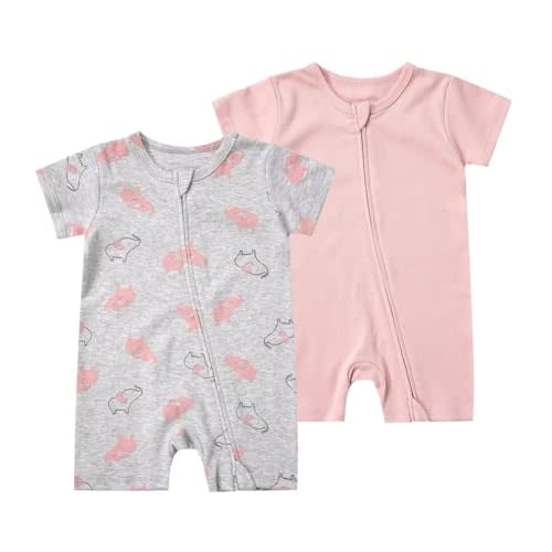 Teach Leanbh Unisex Baby 2 Pack Pajamas Cotton Short Sleeve 2 Way Zipper Printing Soild Romper Jumpsuit Sleep and Play
