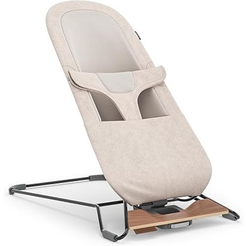 UPPAbaby Mira Bouncer/Portable 2-in-1 Bouncer + Seat Grows With Your Baby/GREENGuard® Gold, JPMA + FSC® certified/Cozy Seat Liner + Storage Bag Included/Charlie (Sand Mélange/Black Chrome/Walnut Wood)