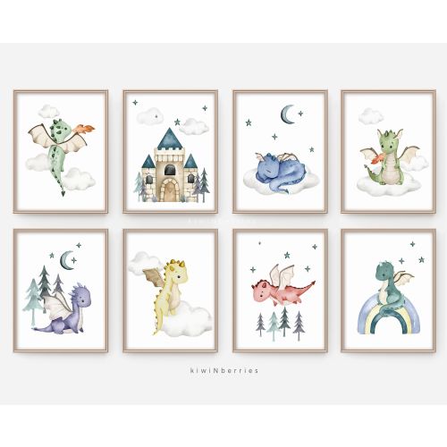 Nursery printable art set, DIY nursery decor, Dragon prints, Mythical creatures, Castle and dragons nursery art, Fairytale baby dragons
