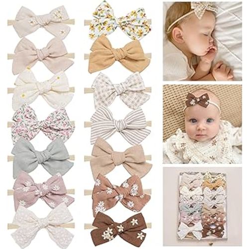 Fancy Clouds Baby Girl Bows and Headbands,14 pcs Stretchy Soft Nylon Hairbands Hair Bows for Newborns, Infants, Toddlers - Handmade Baby Hair Accessories for Girls