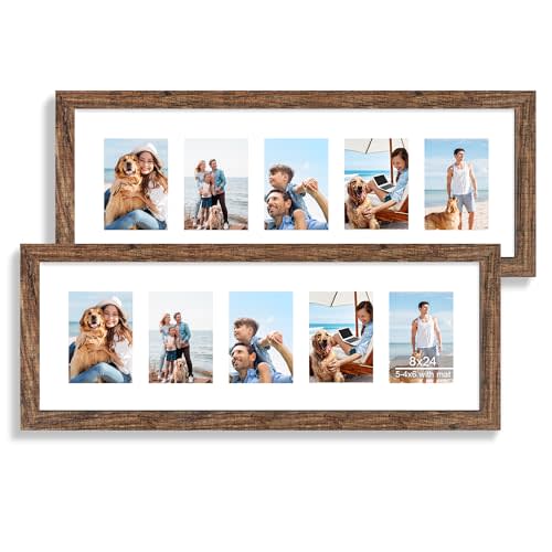 Hongkee 8x24 Picture Frame 2 Pack, Rustic Brown Wood Frame with Tempered Glass, Display Pictures Multiple Five 4x6 With Mat or 8 x 24 Without Mat - Horizontal or Vertical Wall Mounting