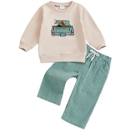 Toddler Baby Boys Fall Outfits Long Sleeve Printed Sweatshirt Tops and Elastic Gingham Pants Infant Clothes Set