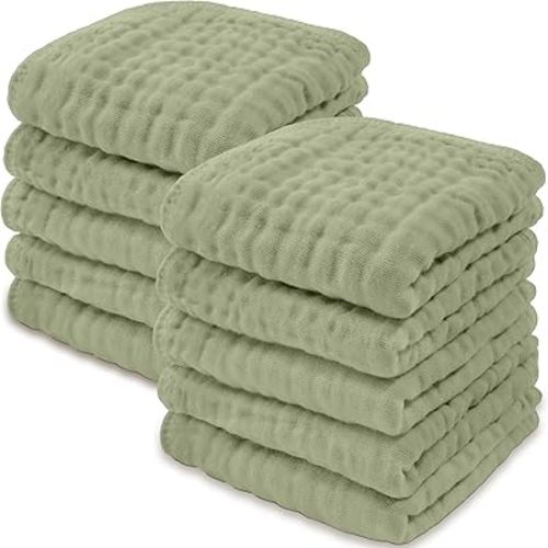 Baby Washcloths, Muslin Cotton Baby Towels, Large 10”x10” Wash Cloths Soft on Sensitive Skin, Absorbent for Boys & Girls, Newborn Baby & Toddlers Bibs & Burp Cloths Essentials Set (Sage, Pack of 10)