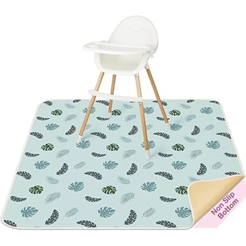 Basumee Splat Mat High Chair Mat Waterproof Baby Play Splat Mat for Under High Chair Food Catcher Highchair Mat for Floor Non Slip Bottom, Blue Leaves, 51x51 Inches