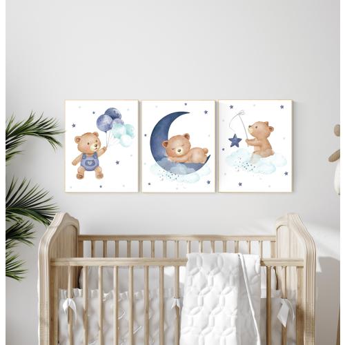 Navy Blue Teddy Bear Nursery Wall Art, baby boy nursery wall art, Baby Boy Room Decor, Moon and Stars , Cute Bear prints, navy and teal