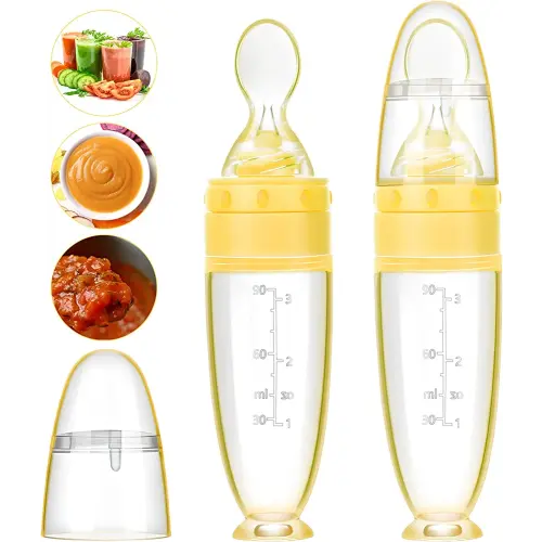 2 Pieces Baby Silicone Feeding Bottle Spoon Baby Food Feeder with Standing  Base for Infant 0-24 Months Dispensing and Feeding