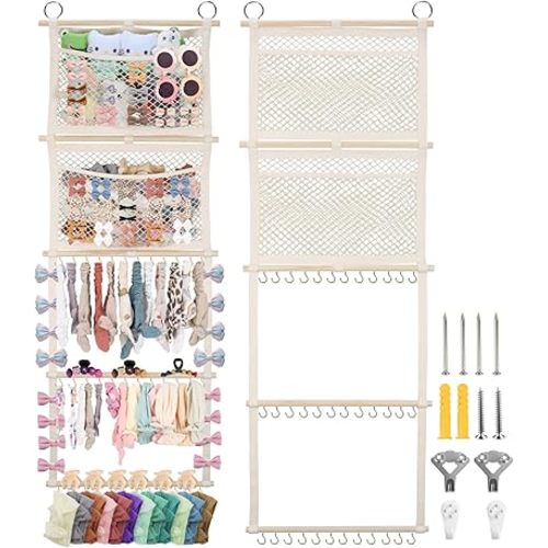 Headband Holder, 17x50in Bow Holder W/ 2 Mesh Pockets & 36 Metal Hooks, Bow Organizer for Girls Hair Clip Jewerly, Wall Hanging Hair Accessories Storage Hanger for Baby Toddler Nursery Decor(Beige)