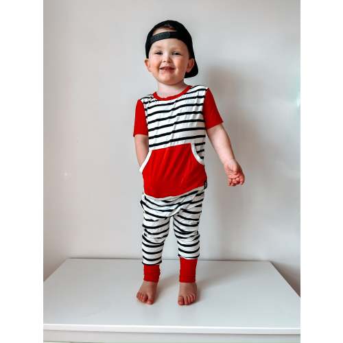 Change-A-Roo™ Front Opening Romper in OG Radical Red & Stripes