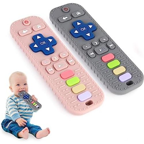 Hooku 2 Pack Teething Toys for Babies 0-6 Months, Silicone Teethers for Babies 6-12 Months, Remote Teether for Baby, Sensory Toys for Babies, Baby Chew Toys, Toddler Infant Newborn Baby Girl Boy Gifts