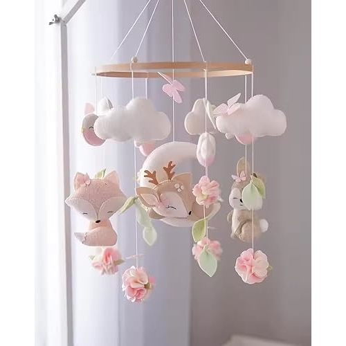 Woodland Nursery Mobile, Pink and White Felt Deer Baby Mobile with Flowers and Clouds, Handmade Crib Mobile for Girls