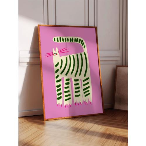 Striped Cat Art Print, Home Decor, for Bedroom, Kitchen, Living Room, Office, Illustration, Gift For Her, Birthday, Girls, Pink, Cute