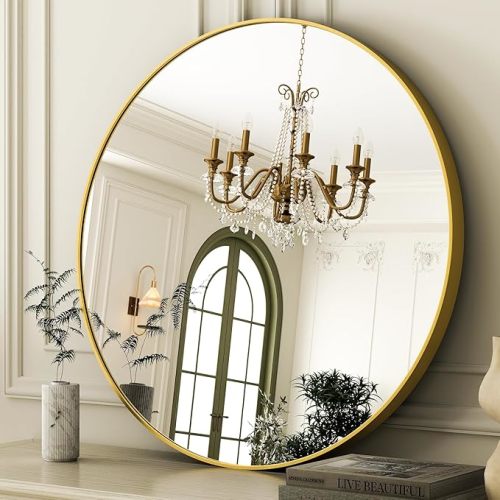 24 Inch Round Bathroom Mirror - Gold Wall Mounted Circle Mirror with Metal Frame, Modern Round Hanging Mirror Suitable for Bathroom, Vanity, Entryway, Living Room