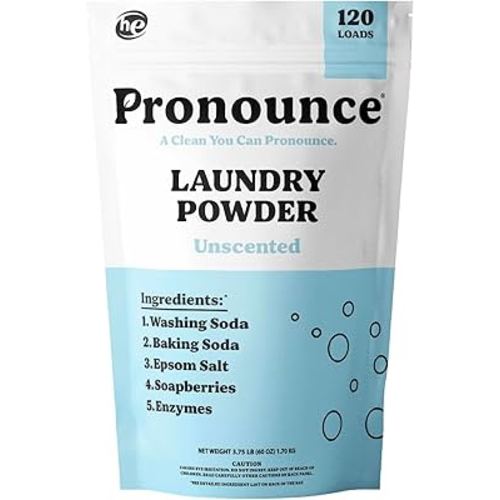 Pronounce Laundry Detergent Powder Alternative | Earth-Derived Ingredients, Eco-Friendly, Safer for Sensitive Skin, Eczema, and Babies. Stain + Smell Fighting. HE Safe (Unscented, 120 Loads)