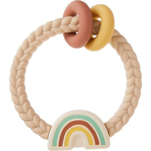 Itzy Ritzy Silicone Teether with Rattle; Rattle Teether Features Rattle Sound, Two Silicone Teething Rings and Raised Texture to Soothe Gums; Ages 3 Months and Up (Neutral Rainbow)