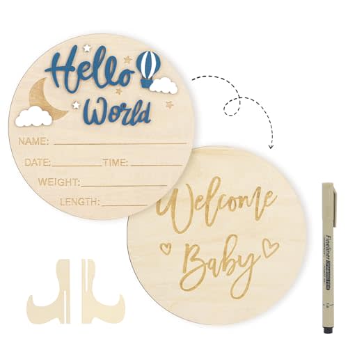 Hello World Newborn Sign, 5.9 Inch Double Side Welcome Baby Announcement Sign, Wooden Name Birth Announcement Plaqueand Pen, Baby Shower Photo Props Hospital Nursery for Newborn Boys and Girls (Blue)