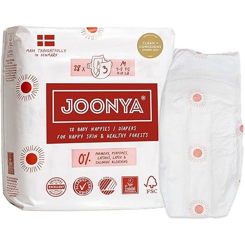 Joonya Baby Diapers, Size 3 M (9-18 lb) - 1 Bag of 28 - New Range - NonToxic, Eco-Friendly, Ultra Slim, Overnight Use - Made in Denmark