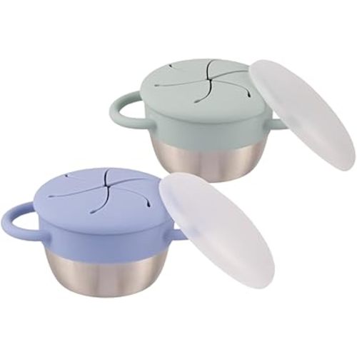 Elk and Friends Stainless Steel Snack Cups – Pack of 2 | Removable Silicone Food Catcher and Travel Lid | Spill-Proof Snack Containers for Baby, Toddler, Kids | Dishwasher Safe, Food Grade Silicone