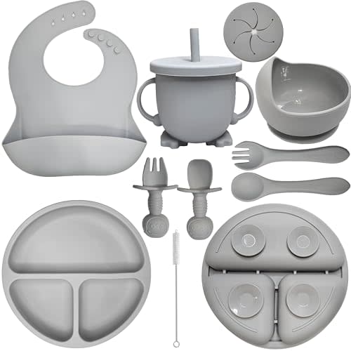 HippoBaby Baby Led Weaning Supplies | 10 Piece Silicone Feeding Set | Baby Toddler Bib Cup Divided Plate and Bowl Self Feeding Spoons Dish Set | Baby Utensils | Toddler Feeding Supplies (Cloud)